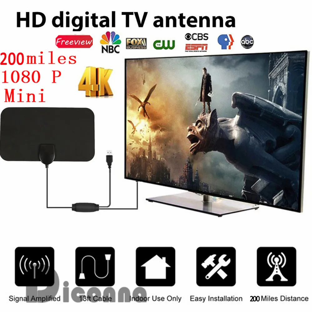 200 км антенна ТВ 1080P Цифровая HD ТВ комнатная ТВ антенна с усилителем сигнала Усилитель радиус Surf Fox HD мини антенны антенна