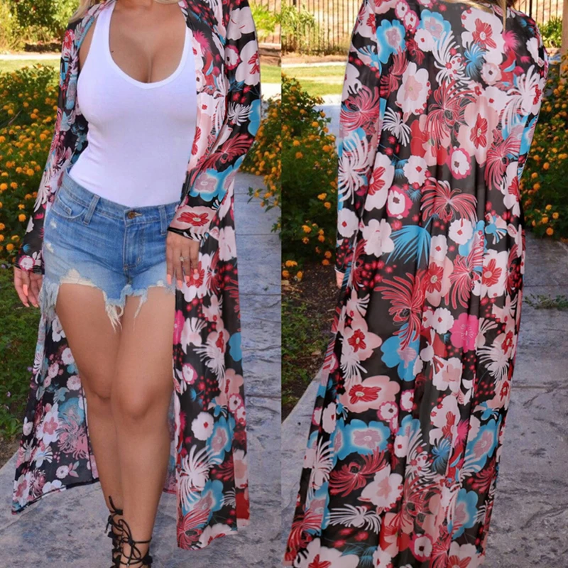 LOHILL 2017 New Womens Floral Print Chiffon Long Maxi Kimono Kaftan Ladies Summer Beach Cardigan |