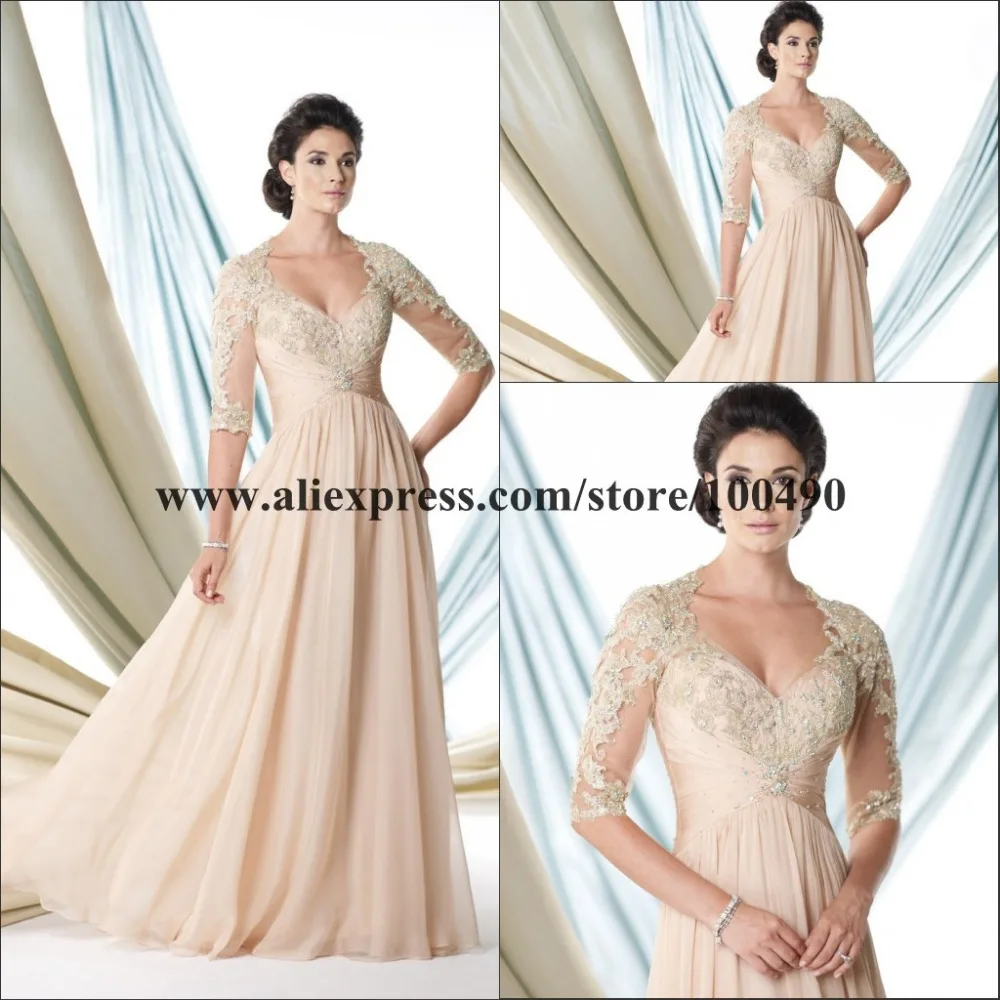 Lace half sleeves champagne color prom dresses 2014 with colorful crystals and jewels Opened sweetheart neckline A-line |