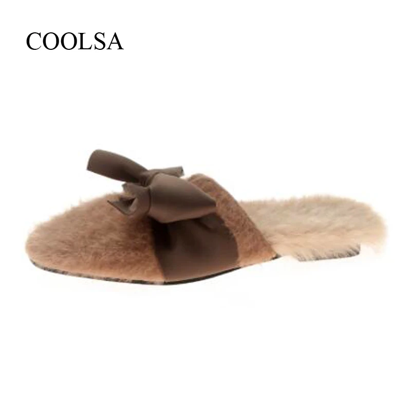 COOLSA/женские зимние новые меховые тапочки; модные замшевые однотонные Шлепанцы женские сабо на плоской подошве с бантом; женские Тапочки