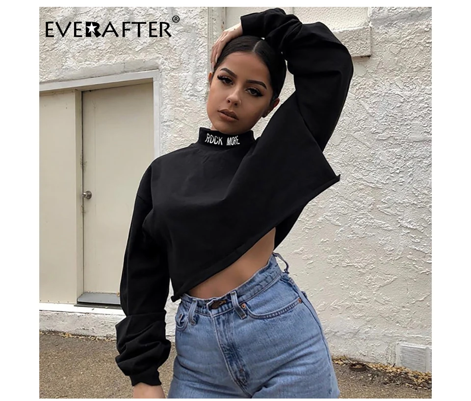 EVERAFTER Весенняя Новинка Harajuku толстовка женская со стоячим длинным рукавом Свободная черная укороченная толстовка пуловеры повседневные уличные Топы