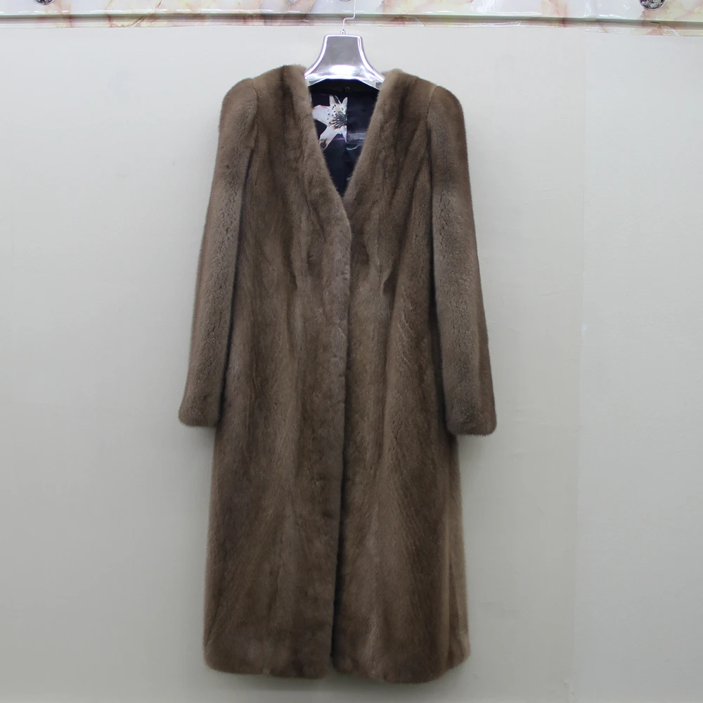 Real Mink Fur New Fashion Women Coat with V-Neck Winter X-Long Slim Warm Jacket | Женская одежда