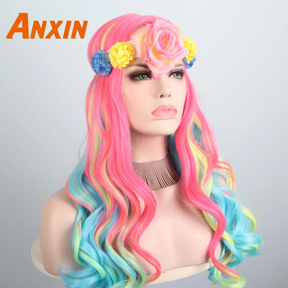 WigD And Free ACC Anxin милые длинные волнистые красочные парики с цветком Bwoknot аксессуары вечерние аниме термостойкие синтетические парики для женщин девушек - Цвет: WigD And Free ACC