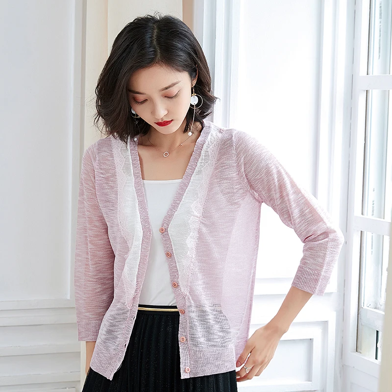 Summer New 2019 Lady Hollow Knitwear Elegant Female Patchwork Colors Thin Knit Coat Lace Stitching