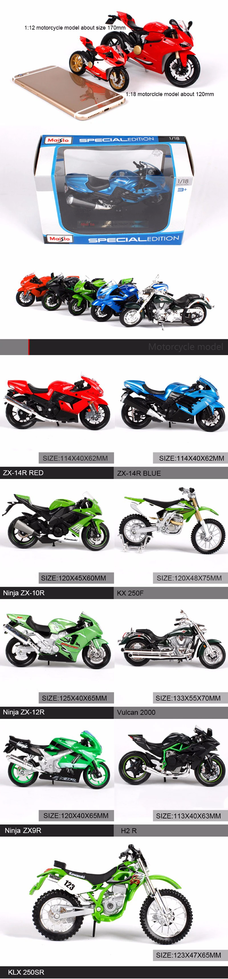 Maisto 1:18 модели мотоциклов H2R ZX14R Ninja ZX10R ZX12R ZX9R Vulcam KLX250 KX250 миниатюрная гоночная игрушка для коллекции подарков