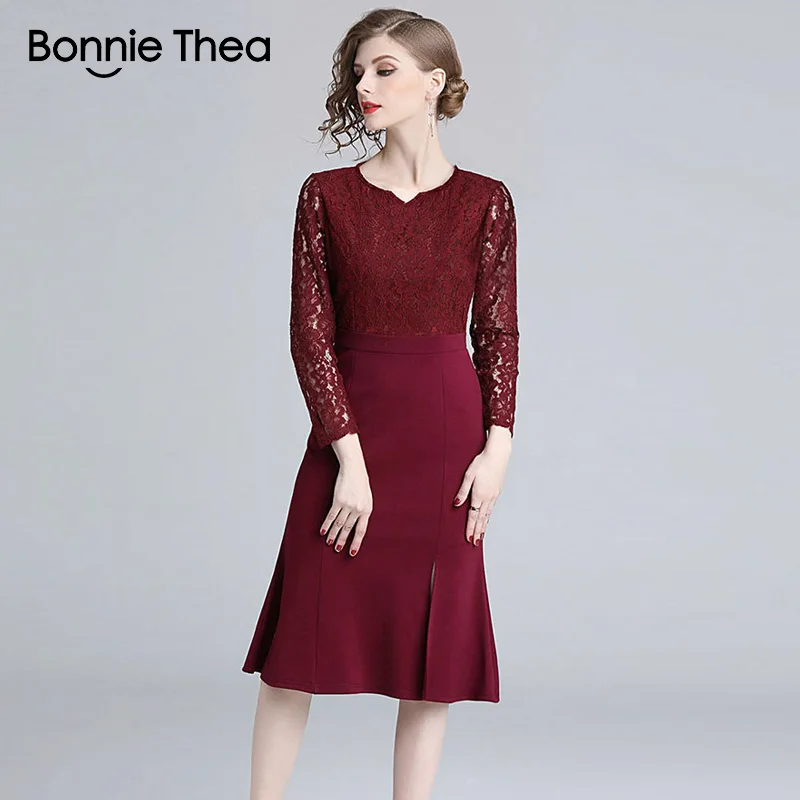 Женское Красное Кружевное Вечернее Платье Bonnie Thea Осеннее сексуальное элегантное