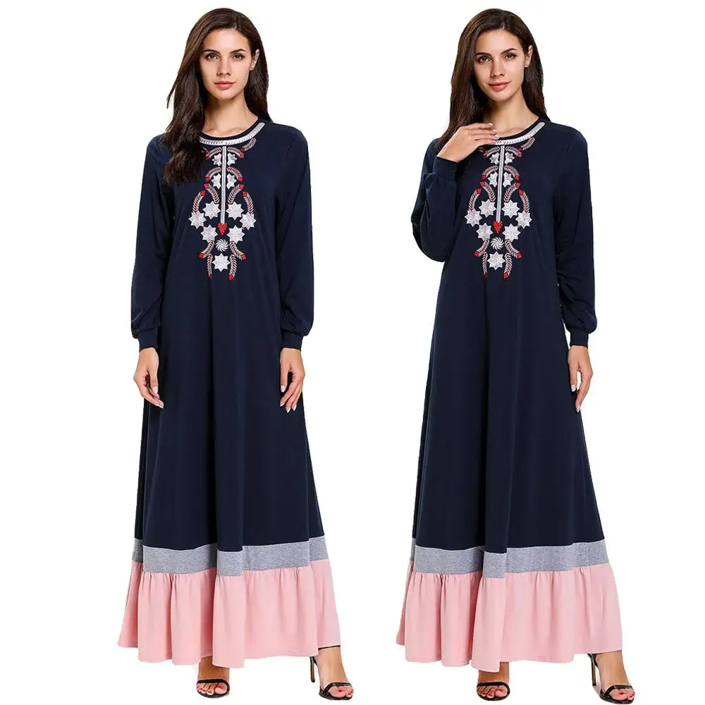 

Fashion Embroidery Long Sleeve Dress Women Dubai Abaya Kaftan Muslim Party Robe Patchwork Draped Gown Islamic Clothing Dresses