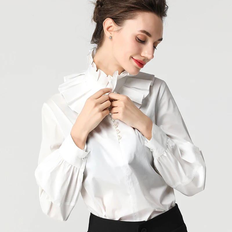 

Detachable High Collar Women Shirt Long Sleeve Pearls Beaded White Pink Black Blouse Cotton Top Fashion Elegant OL Working Tops
