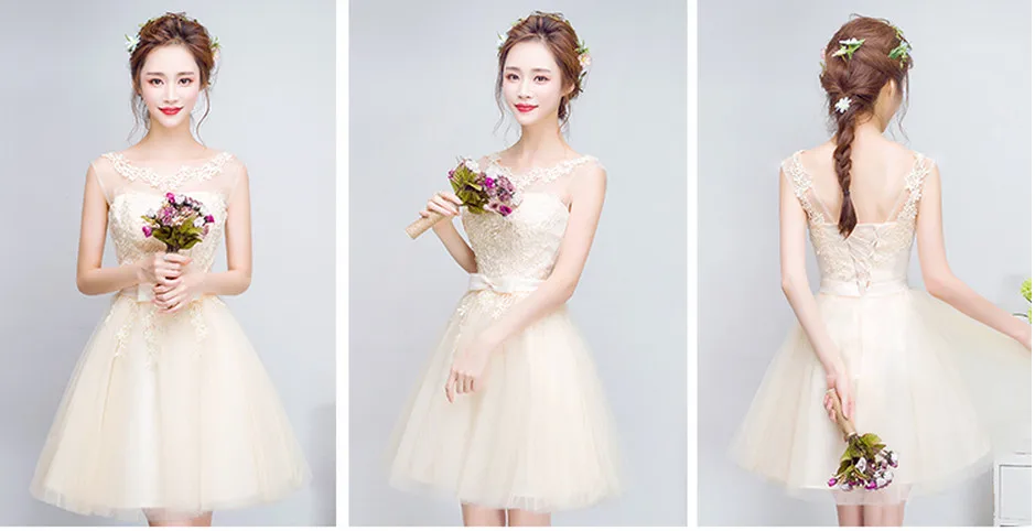 Vestido de festa/Новинка; кружевные платья подружки невесты цвета шампань; короткое платье без рукавов с цветочной вышивкой; дешевый Выпускной вечернее платье; платье до 50