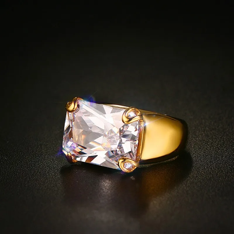 Vnox Luxury CZ Stone Ring for Women Square Zircon Rings Gold-color Stainless Steel