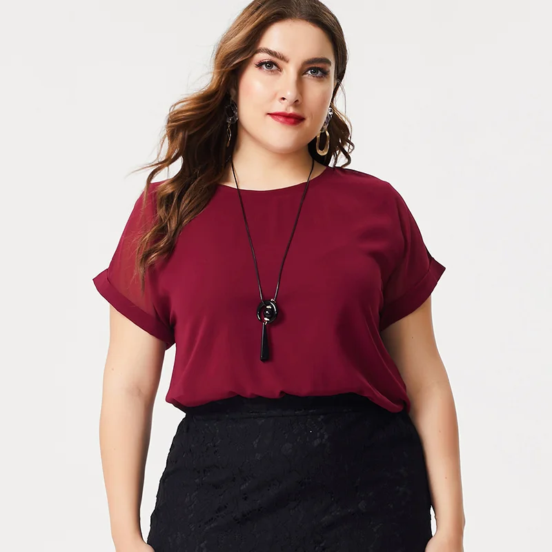 2019 summer new large size women's elegant O-neck short-sleeved chiffon solid color blouse slimming thin wild |