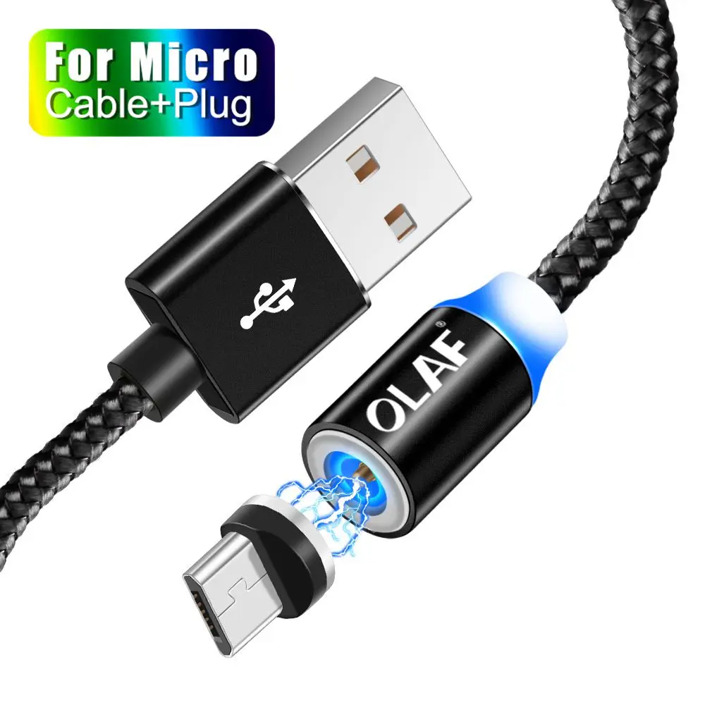 OLAF 2 м светодиодный магнитный USB кабель для iPhone Xs Max 8 7 6 usb type C кабель и оплетка Micro USB кабель для samsung Xiaomi huawei USB C - Цвет: Micro Cable Black
