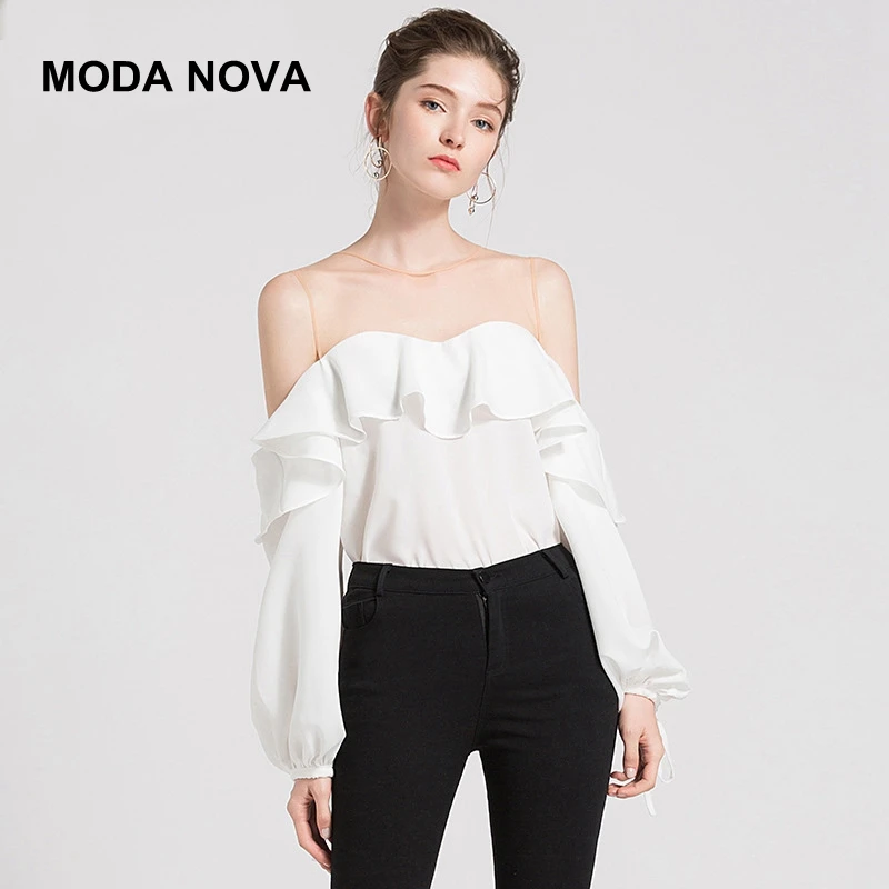 MODA NOVA дизайнер Шифоновая блузка Для женщин пикантные с открытыми плечами Тюль
