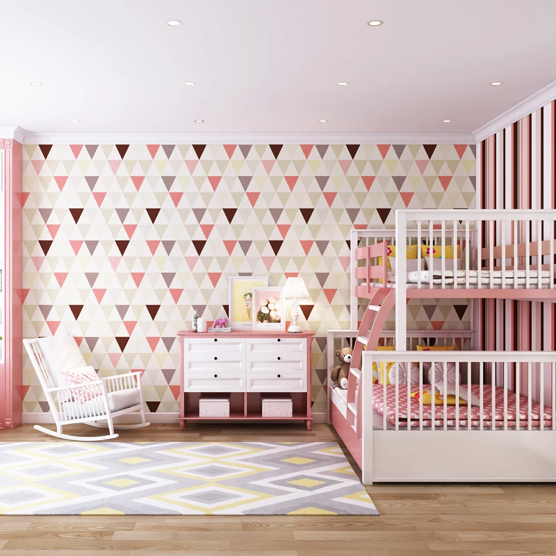 Современный фон для спальни с голубыми и розовыми треугольными полосками |