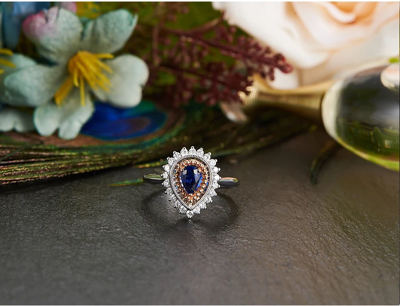 JEWELLWANG Роскошный натуральный голубой сапфир 18 К кольцо из белого золота кольцо с настоящим алмазом для Для женщин белого золота с камнями-каплями воды Кольца с сапфиром