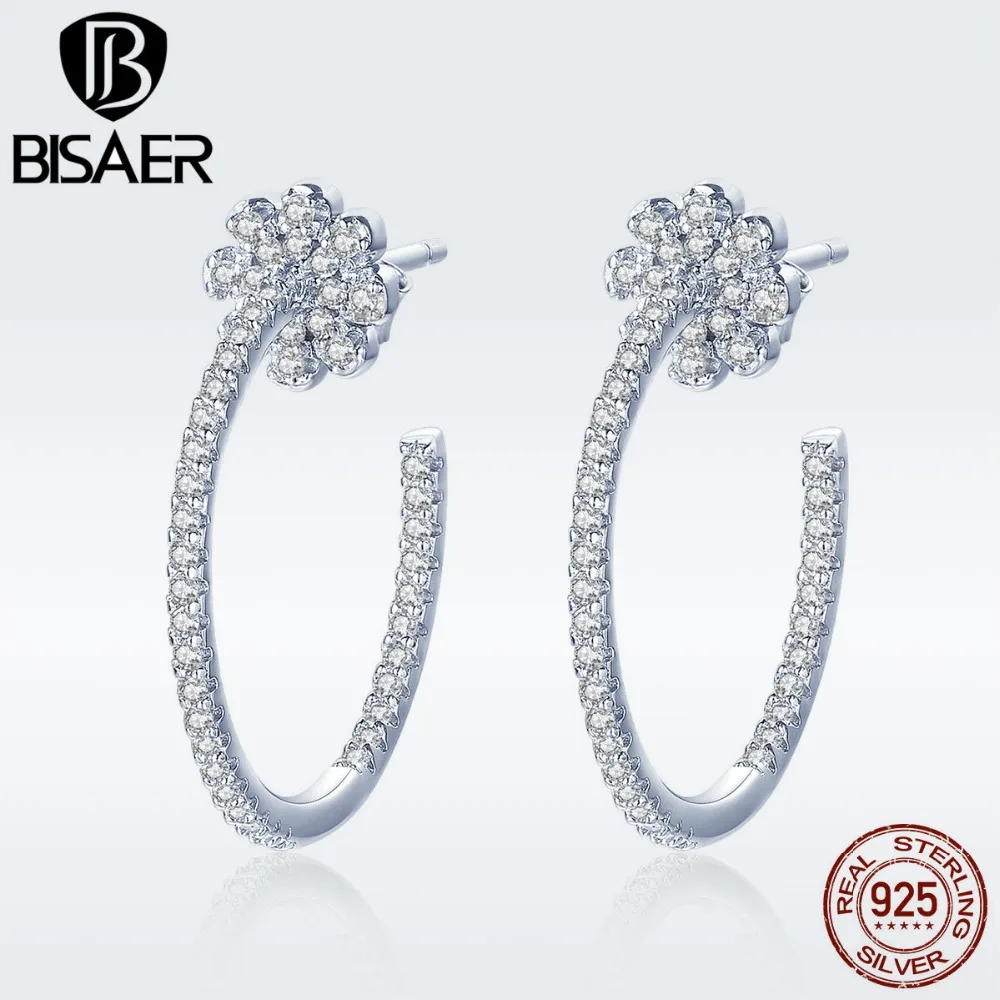 BISAER 925 пробы серебро круглой формы в форме цветка серьги dubai Циркон класса люкс ювелирные серьги для Для женщин кубический циркон серьги EFE049