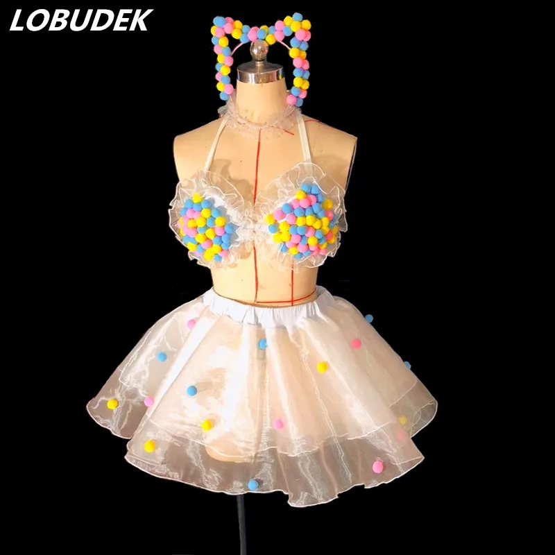 Lovely Candy Balls Bikini Sexy Bra Shorts Mini Skirt Set Nightclub Bar DJ Lady Singer Costume Dance Team Performance Stage Wear