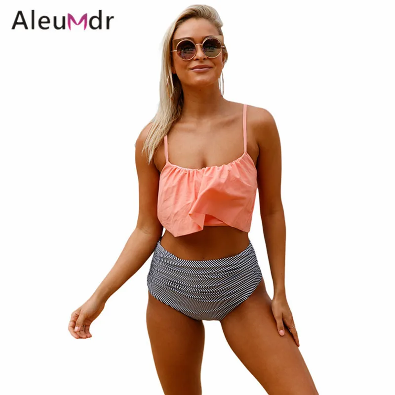 Aleumdr купальники Для женщин 2018 комплект бикини рябить Винтаж топ и Высокая талия
