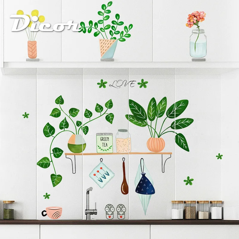 DICOR DIY креативные зеленые горшечные растения рисунок Наклейка на стену Декор для