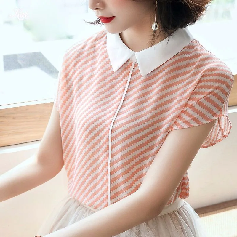 

Women Spring Summer Cute Chiffon Blouses Shirts Lady Casual Peter pan Collar Short Sleeve Striped Printed Blusas Tops DF2754