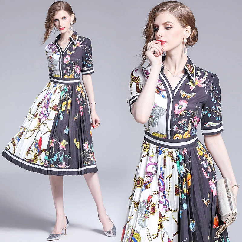 2019 new women's dresses with Print and Pleated dress Streetwear V-Neck | Женская одежда