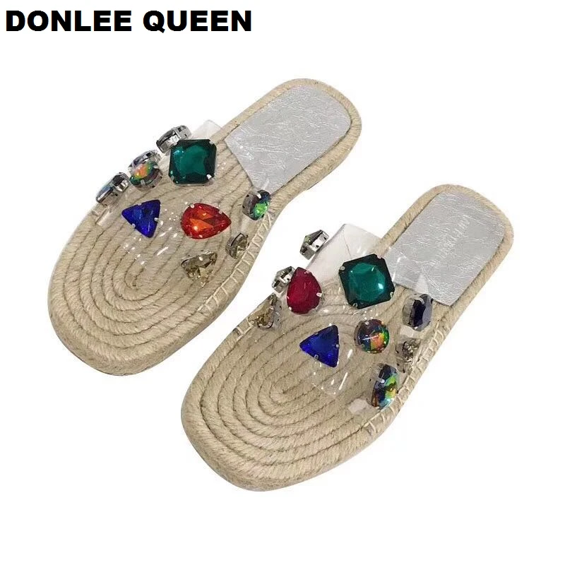 DONLEE QUEEN/Цветные шлепанцы с кристаллами женская летняя обувь женские эспадрильи