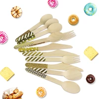 120pcs disposable foil gold party wooden utensil cutlery for wedding table setting chevron striped star wooden fork spoon knife