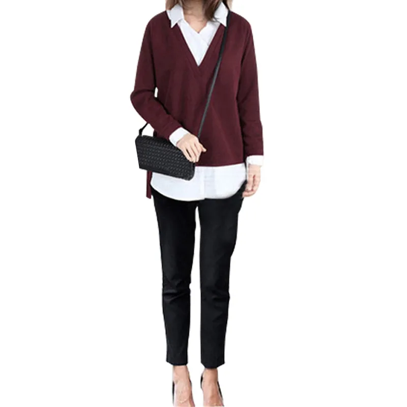 Новая мода tricot blusas женские топы Поддельные двухсекционные рубашки свитер с отложным воротником Женская одежда свитер плюс размер 5XL