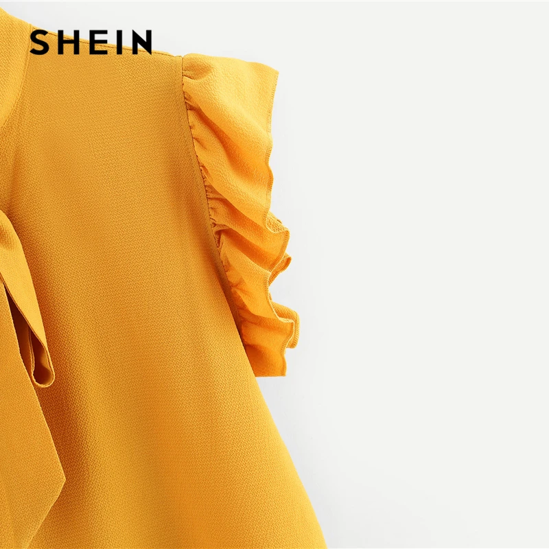SHEIN горчичная элегантная Офисная Женская блузка с оборками на плечах и завязками на шее с цветочным принтом, летняя женская шифоновая блузка и блузки