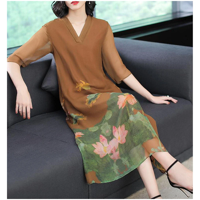 S-3XL шелковое платье с принтом в стиле ретро для женщин 2018 лето и осень Новое