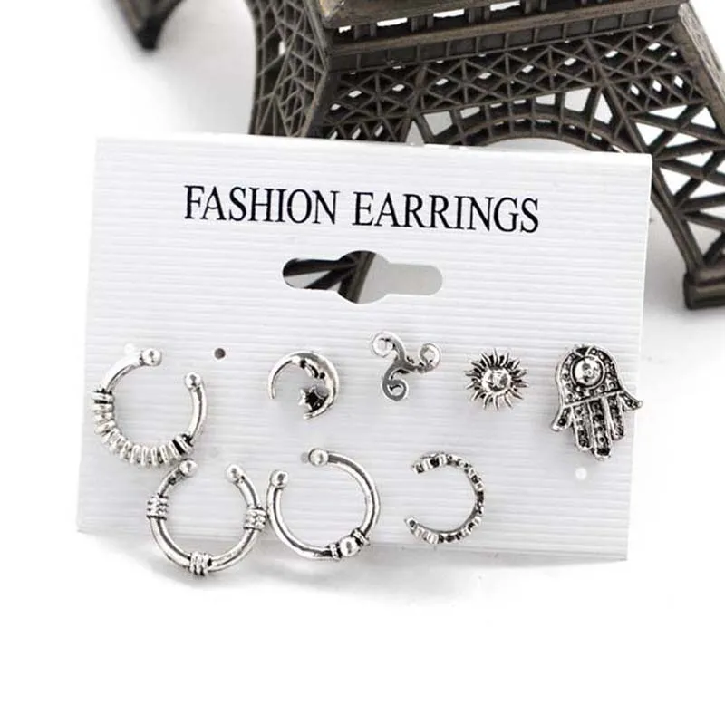 

8P Sets Bohemia Retro Sun Moon Earrings Ear Clip Without Piercing Tmall ear clip without puncture