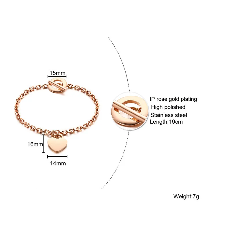 Stylish Rose Gold Tone Women's Heart Tag Charm Toggle Bracelet Personalised Stainless Steel Trendy Woman Jewelry | Украшения и