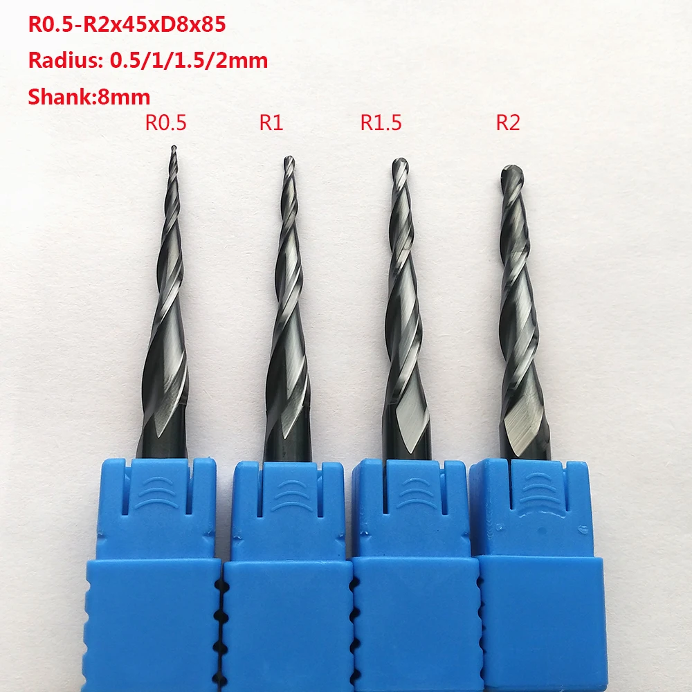 1 шт. r0 5/r0 75/R1/R1.5/R2xD8 8 мм 2F HRC55 вольфрамовые твердосплавные удлиненные конические