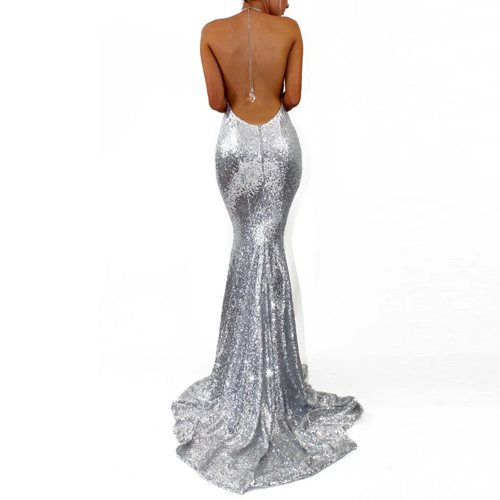 

Sequins Dress Women Sexy Halter Backless Cocktail Party Dresses Slim Waist Bodycon Dress Elegant Long Robe Mujer Sukienki Femme