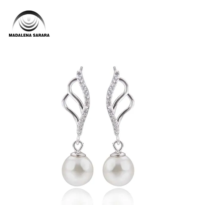 

MADALENA SARARA AAAA Cubic Zirconia Inlaid 925 Sterling Silver and 8-9mm AAA Freshwater Pearl Dangle Earrings Natural White