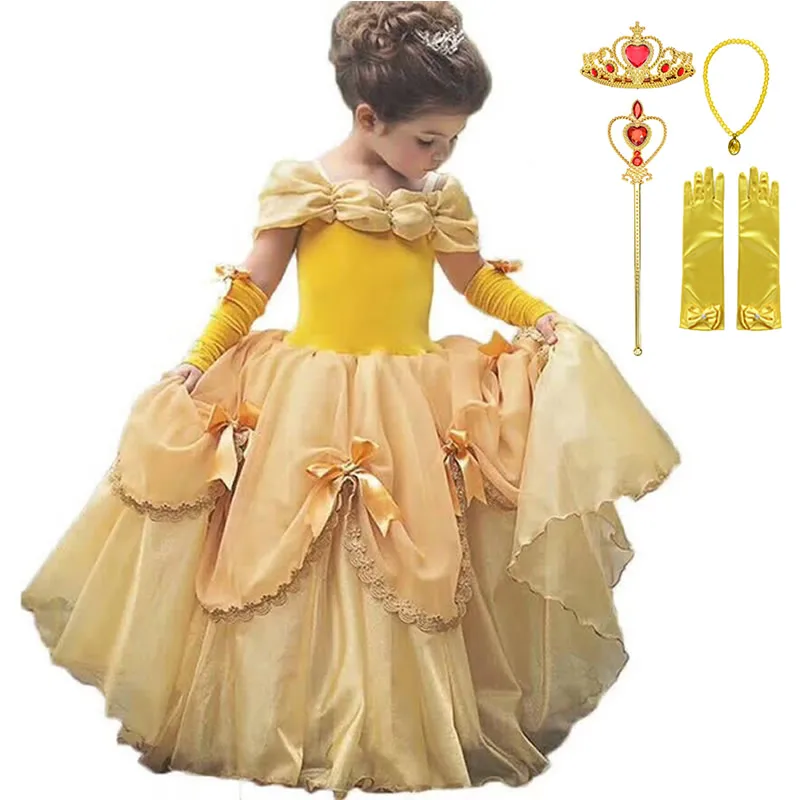 Belle Dress Sets 2 Платье принцессы Белль; нарядное платье для девочек; многослойное вечернее желтое бальное платье; нарядное платье для детей; кружевные карнавальные наряды с бантом - Цвет: Belle Dress Sets 2