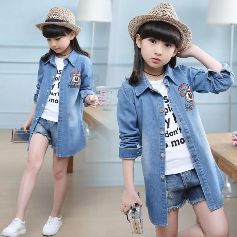 Spring Clothing Jeans Coat for Girls Denim Jackets Cartoon Children Outerwear Kid Active Autumn Clothes Teenager Long Trench Top | Детская