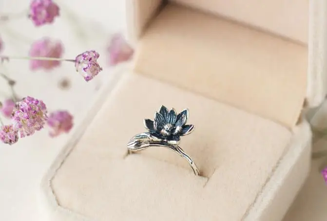 Shuangshuo Лотос цветок посеребренные Открытые Кольца для женщин Ретро стиль женские