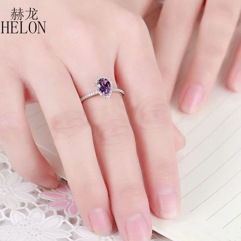 

HELON Solid 14K White Gold Flawless Pear Cut 7x5mm Genuine Natural Amethyst Diamonds Ring Women Engagement Wedding Jewelry Ring