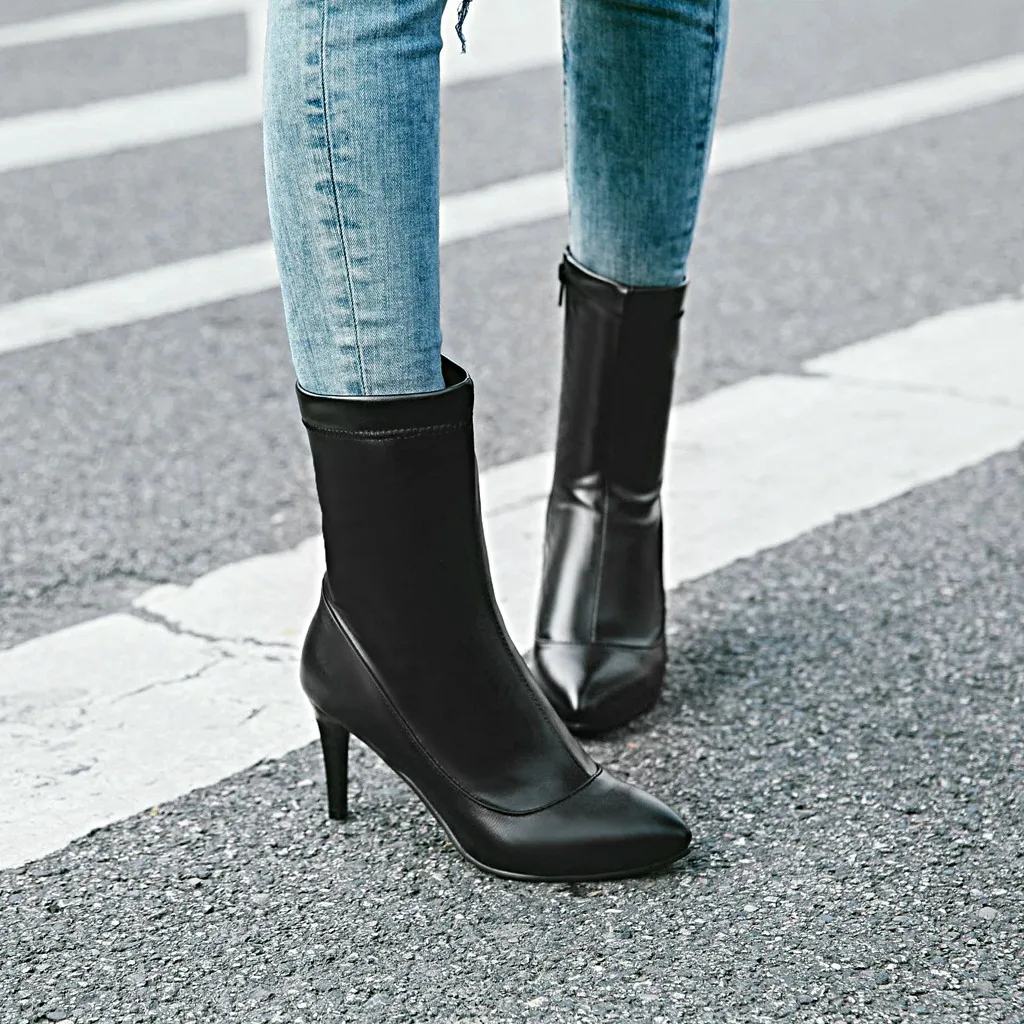 

QZYERAI 2018 New women boots high-heeled pu zipper sock boots woman shoes size 34-43