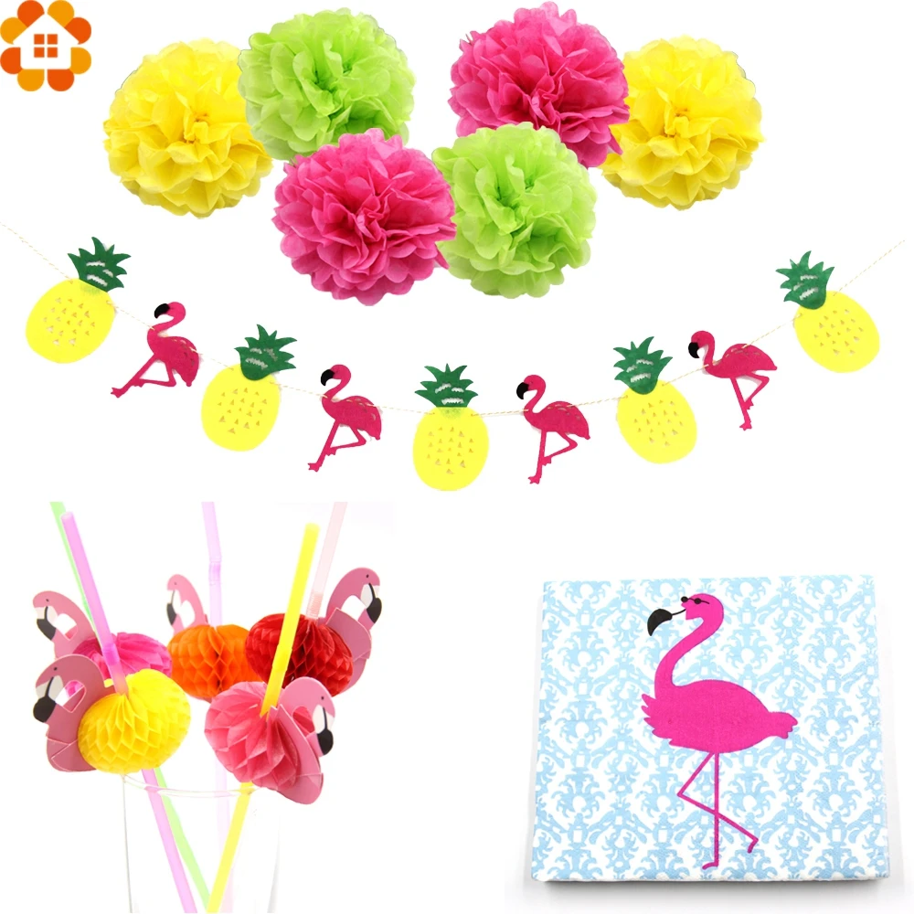Фламинго и ананасы гирлянда бумага для баннера помпоны соломинки деревянные
