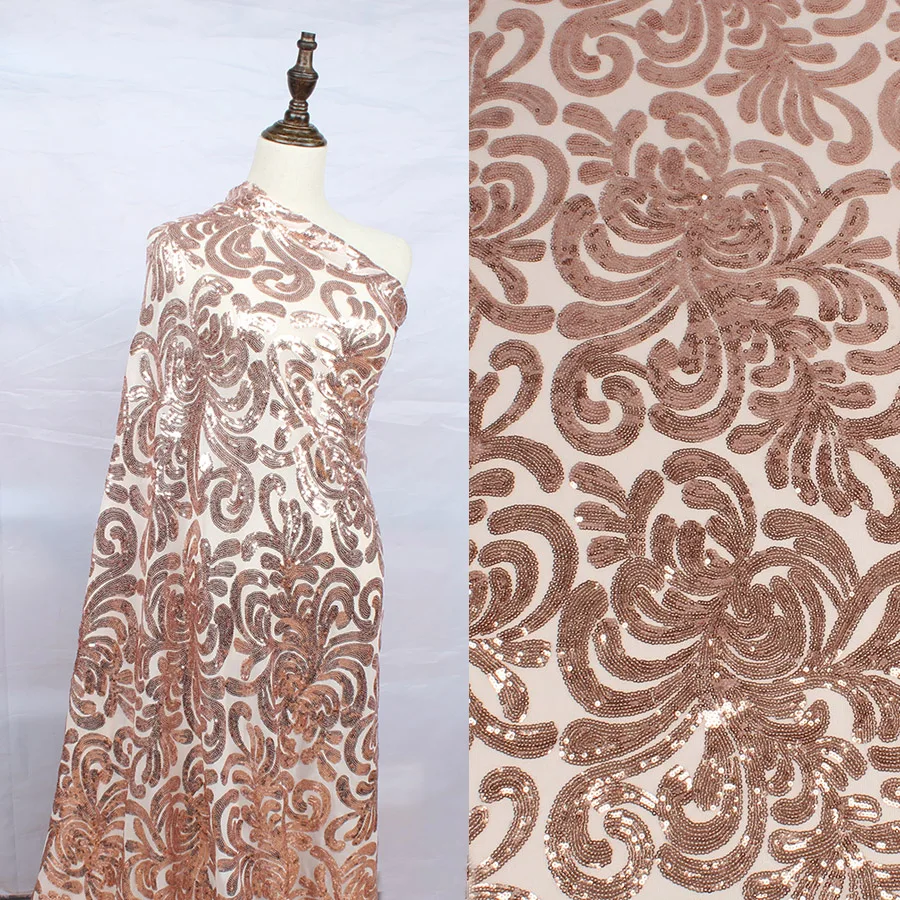 Блестящая эластичная кружевная ткань цвета розового золота с блестками и
