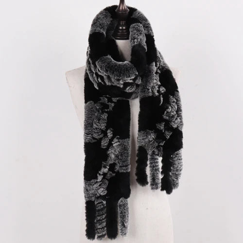 grey and black Новинка, женский длинный шарф из натурального меха кролика Рекс, Женский вязаный шарф из меха кролика рекс с кисточками, зимний теплый шарф из натурального меха - Цвет: grey and black