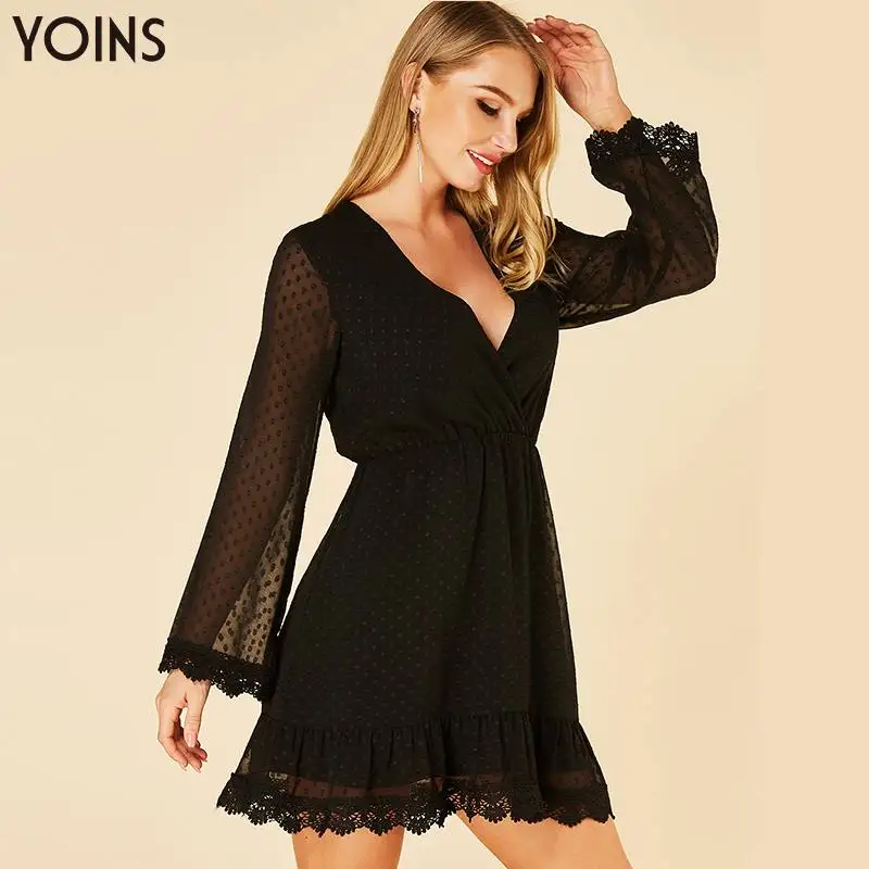 YOINS 2019 Летнее осеннее женское платье Сексуальное черное кружевное мини С