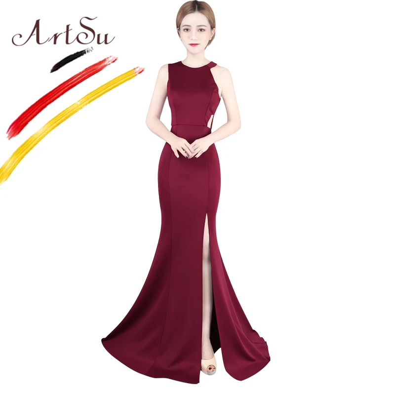 

ArtSu Sexy Halter Floor-Length Long Prom Gown Robe De Soiree Burgundy Women Maxi Party Mermaid Dress Hollow Out Slim Vestido
