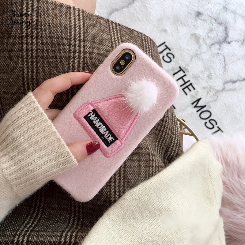 От Jenny 2018 зимняя теплая шапка для телефона чехол iPhone 6 7 8 10 7plus 8plus 6s X мягкая ткань