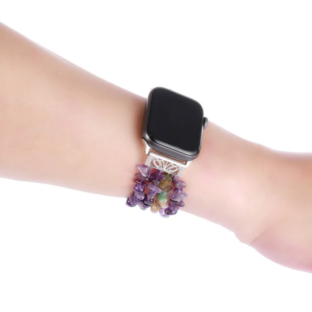 Ручной работы Для женщин Агат ремешок для наручных часов Apple Watch серии 1 2 3 4 5 на драгоценные эластичный браслет с камнями для наручных часов iWatch 38/40 мм/42 44 мм Длина браслета