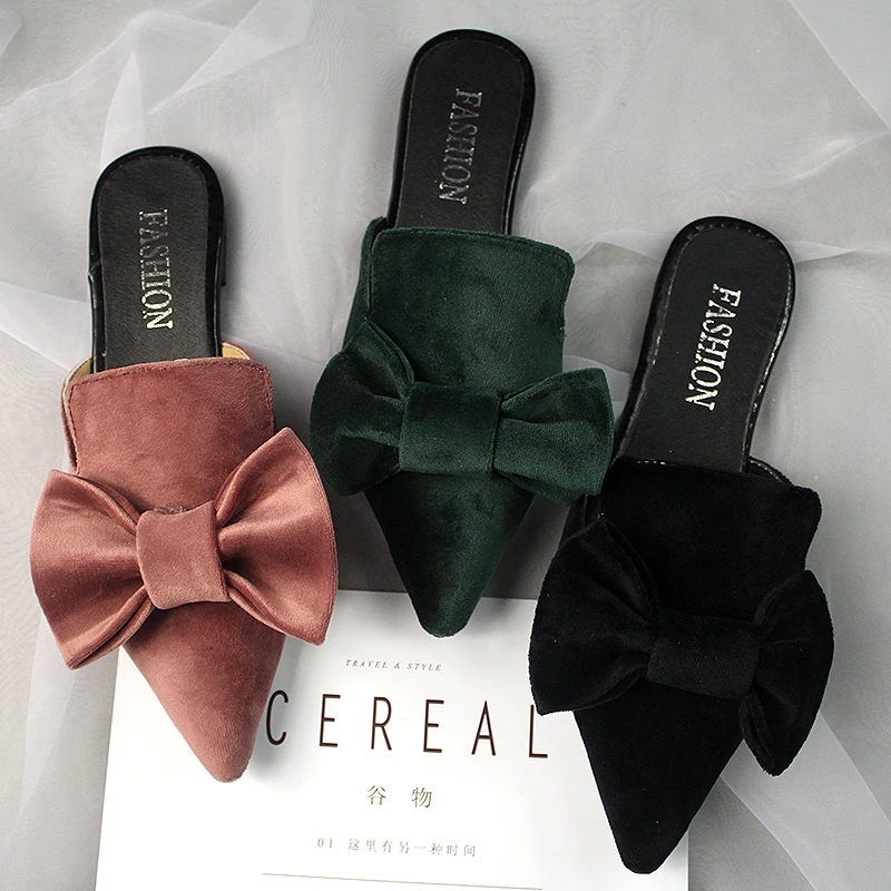 big velvet bow sandals women pointed toe slippers 2017 brand designer bowtie mules ladies summer shoes sandalias mujer y131 | Обувь