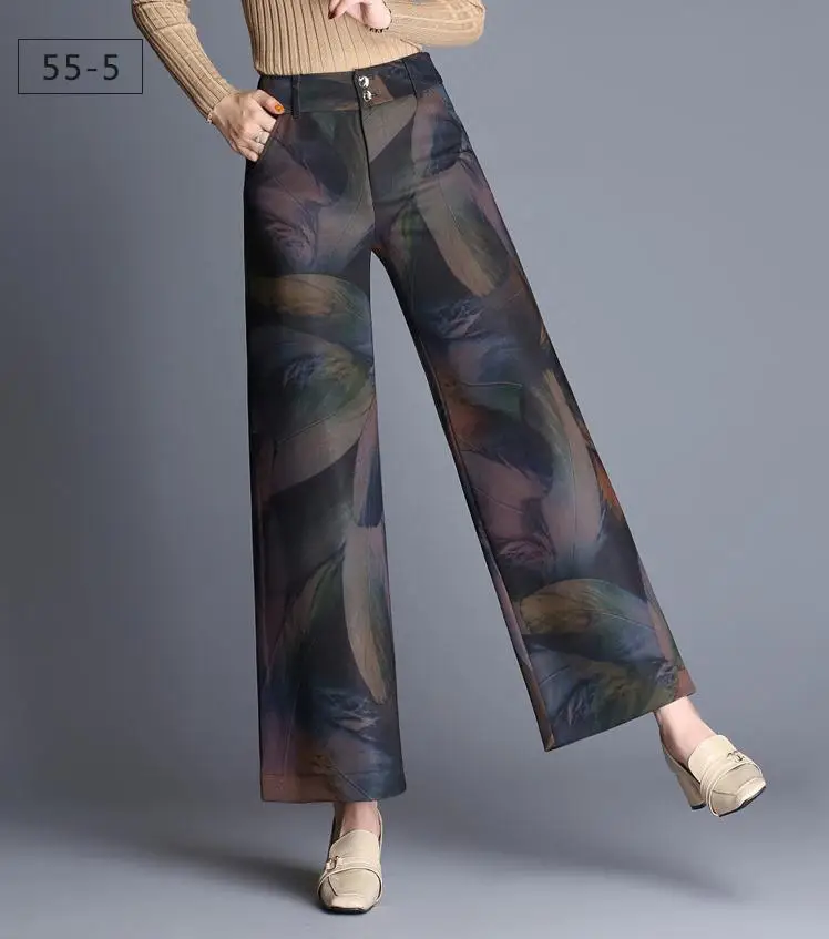 

Woman Spring Plus Size High Elastic Waist Loose Ankle-length Pants Female Autumn Oversized Print Straight Wide Leg Trousers