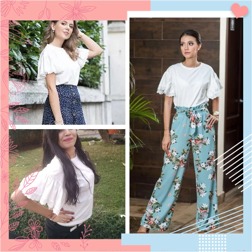 Dotfashion белая однотонная футболка с вышитыми ушками и рюшами на рукавах для женщин летняя Элегантная футболка корейская модная одежда Топы